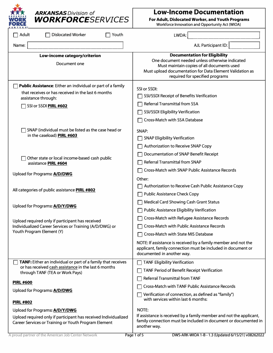Form 1.3 Low-Income Documenation for Adult, Dislocated Worker, and Youth Program - Arkansas, Page 1