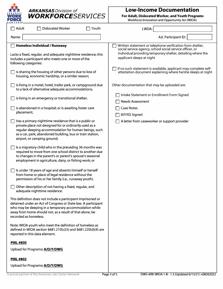 Form 1.3 Low-Income Documenation for Adult, Dislocated Worker, and Youth Program - Arkansas, Page 3