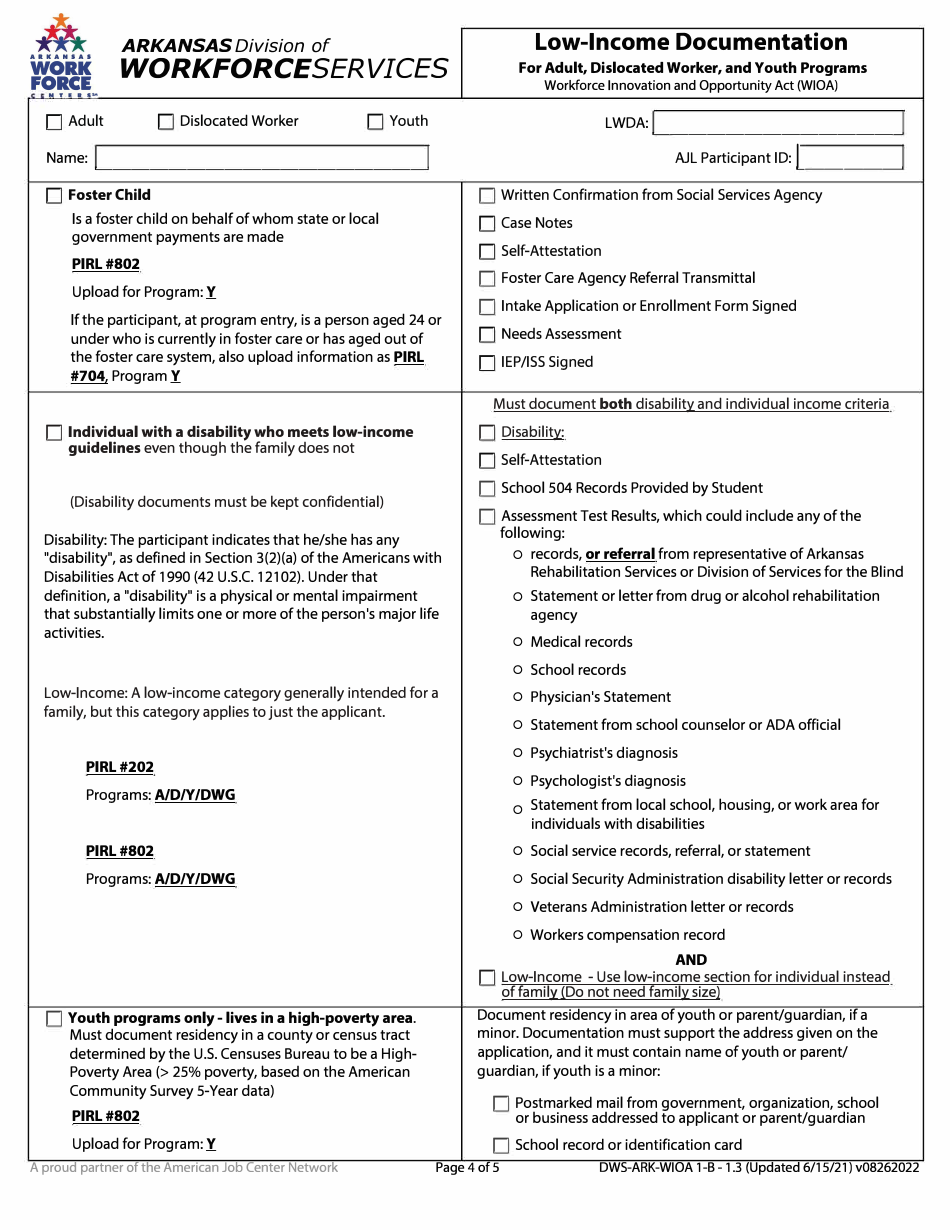 Form 1.3 Low-Income Documenation for Adult, Dislocated Worker, and Youth Program - Arkansas, Page 4