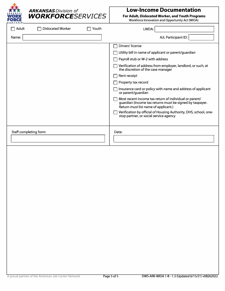 Form 1.3 Low-Income Documenation for Adult, Dislocated Worker, and Youth Program - Arkansas, Page 5