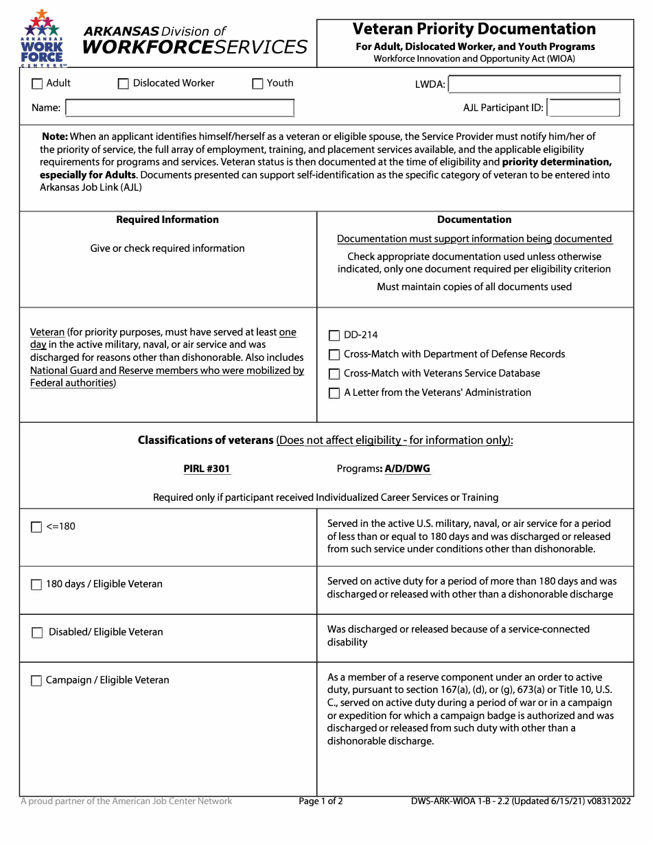 Form 2.2 Veteran Priority Documentation for Adult, Dislocated Worker, and Youth Programs - Arkansas, Page 1