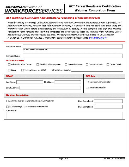 Form DWS-ARK-CRC-01 Act Career Readiness Certification Webinar Completion Form - Arkansas