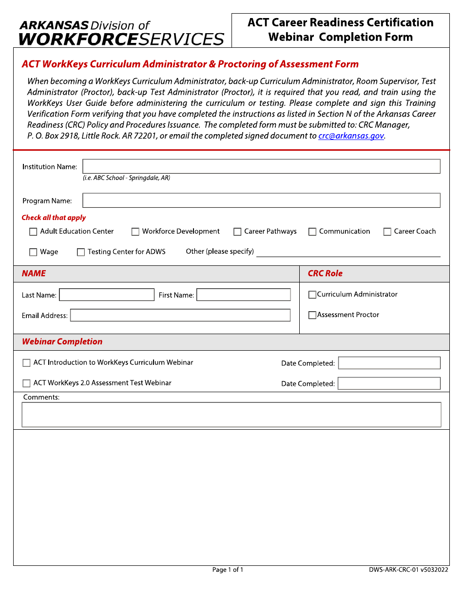 Form DWS-ARK-CRC-01 Act Career Readiness Certification Webinar Completion Form - Arkansas, Page 1