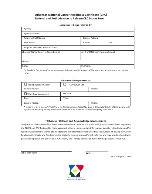 Arkansas National Career Readiness Certificate (Crc) Referral and Authorization to Release Crc Scores Form - Arkansas Download Pdf