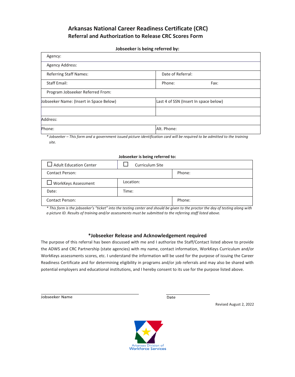 Arkansas National Career Readiness Certificate (Crc) Referral and Authorization to Release Crc Scores Form - Arkansas, Page 1