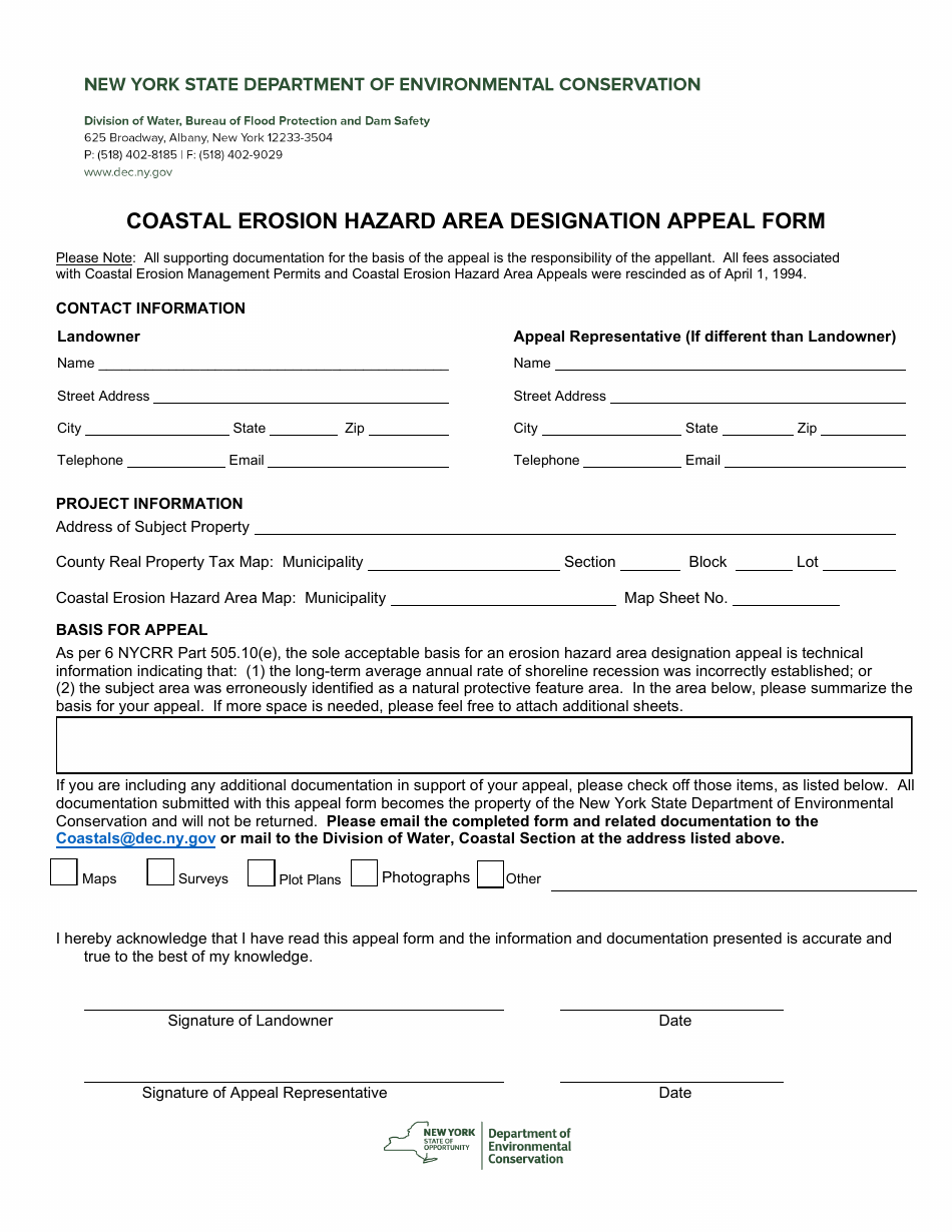 Coastal Erosion Hazard Area Designation Appeal Form - New York, Page 1