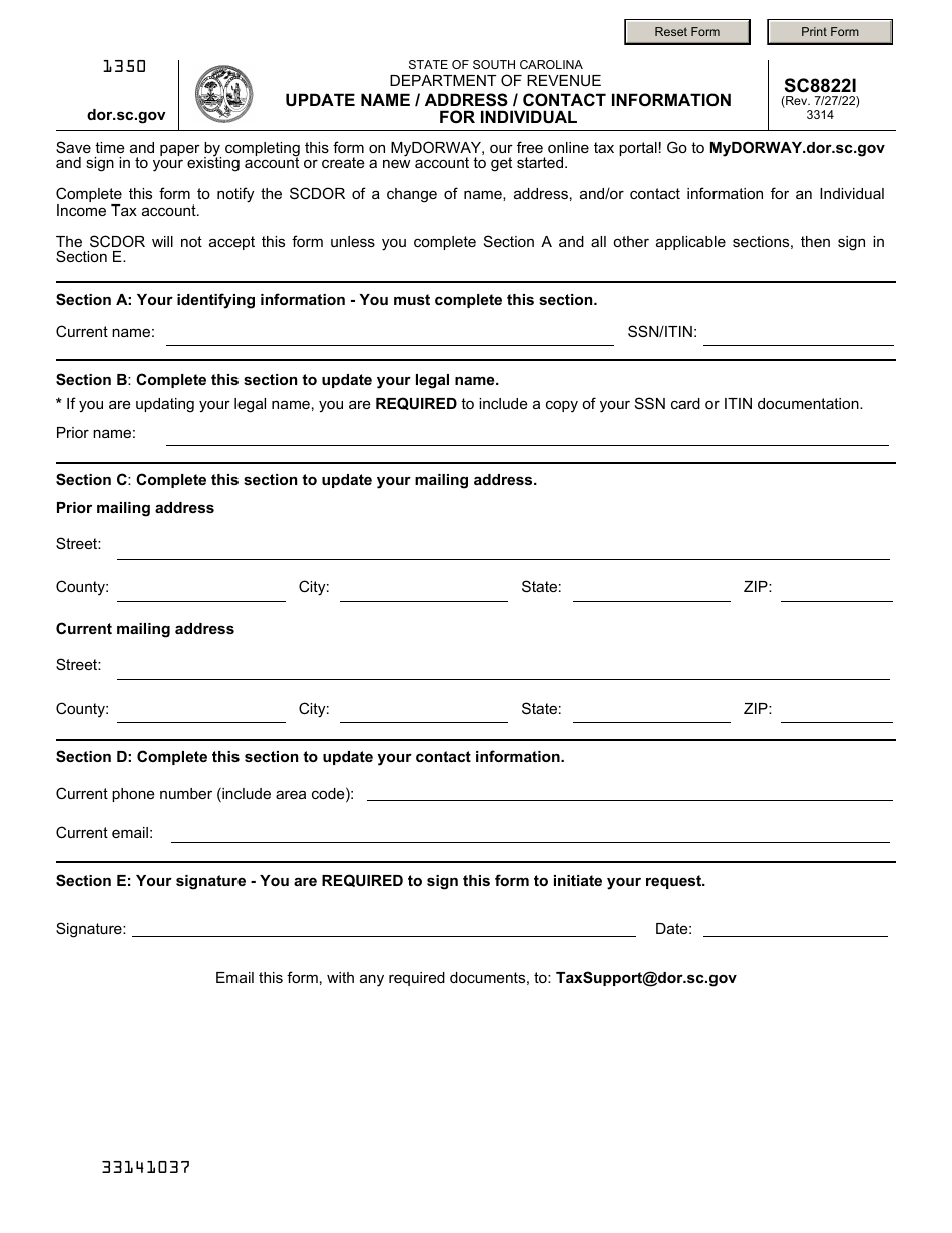 Form SC8822I Update Name / Address / Contact Information for Individual - South Carolina, Page 1