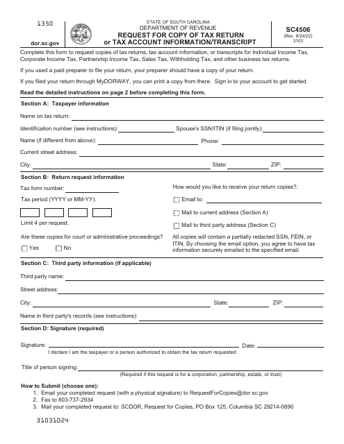 Form SC4506 Request for Copy of Tax Return or Tax Account Information/Transcript - South Carolina