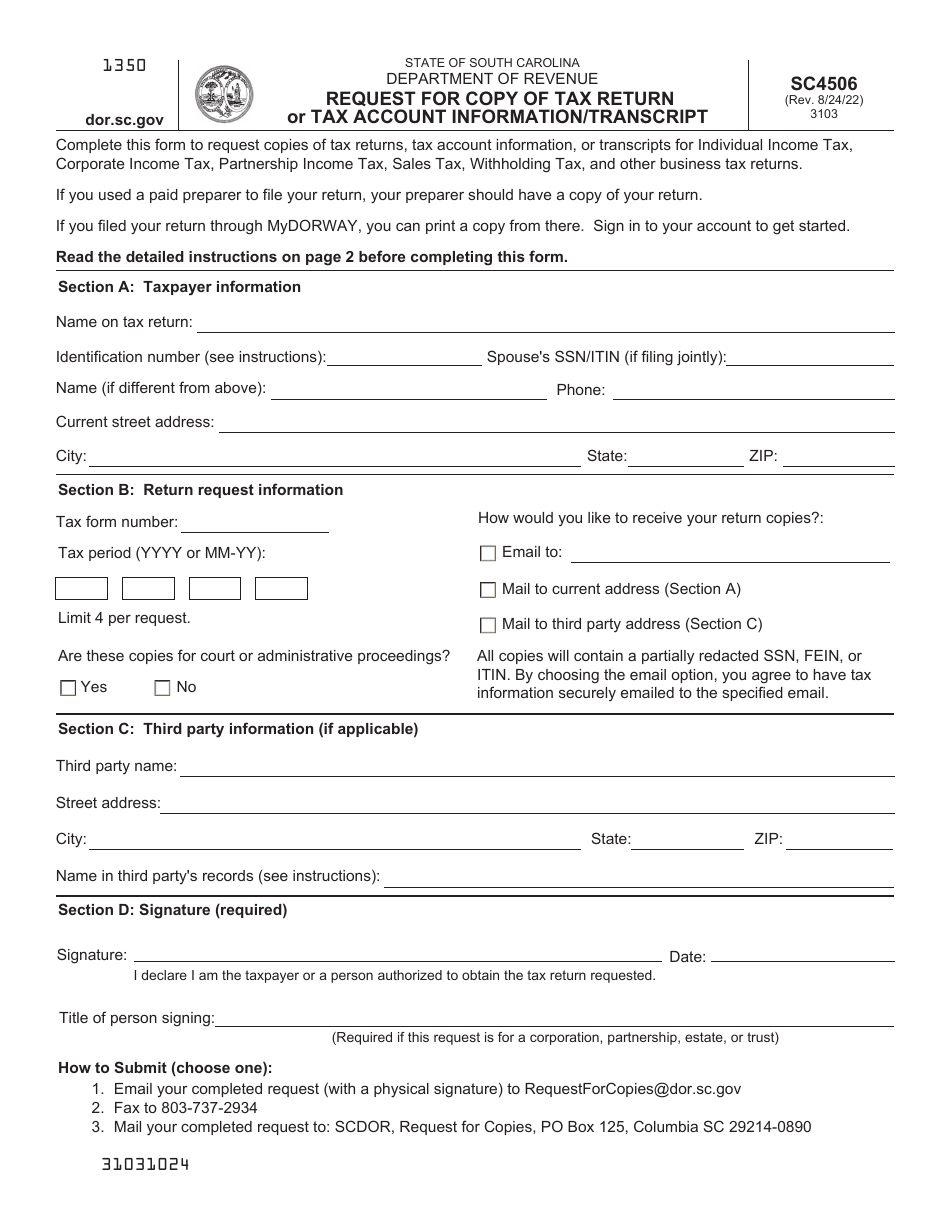 Form SC4506 Request for Copy of Tax Return or Tax Account Information / Transcript - South Carolina, Page 1