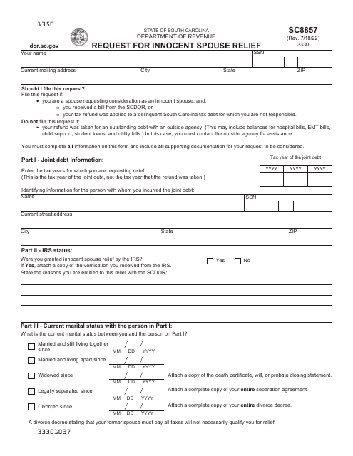 Form SC8857 Request for Innocent Spouse Relief - South Carolina