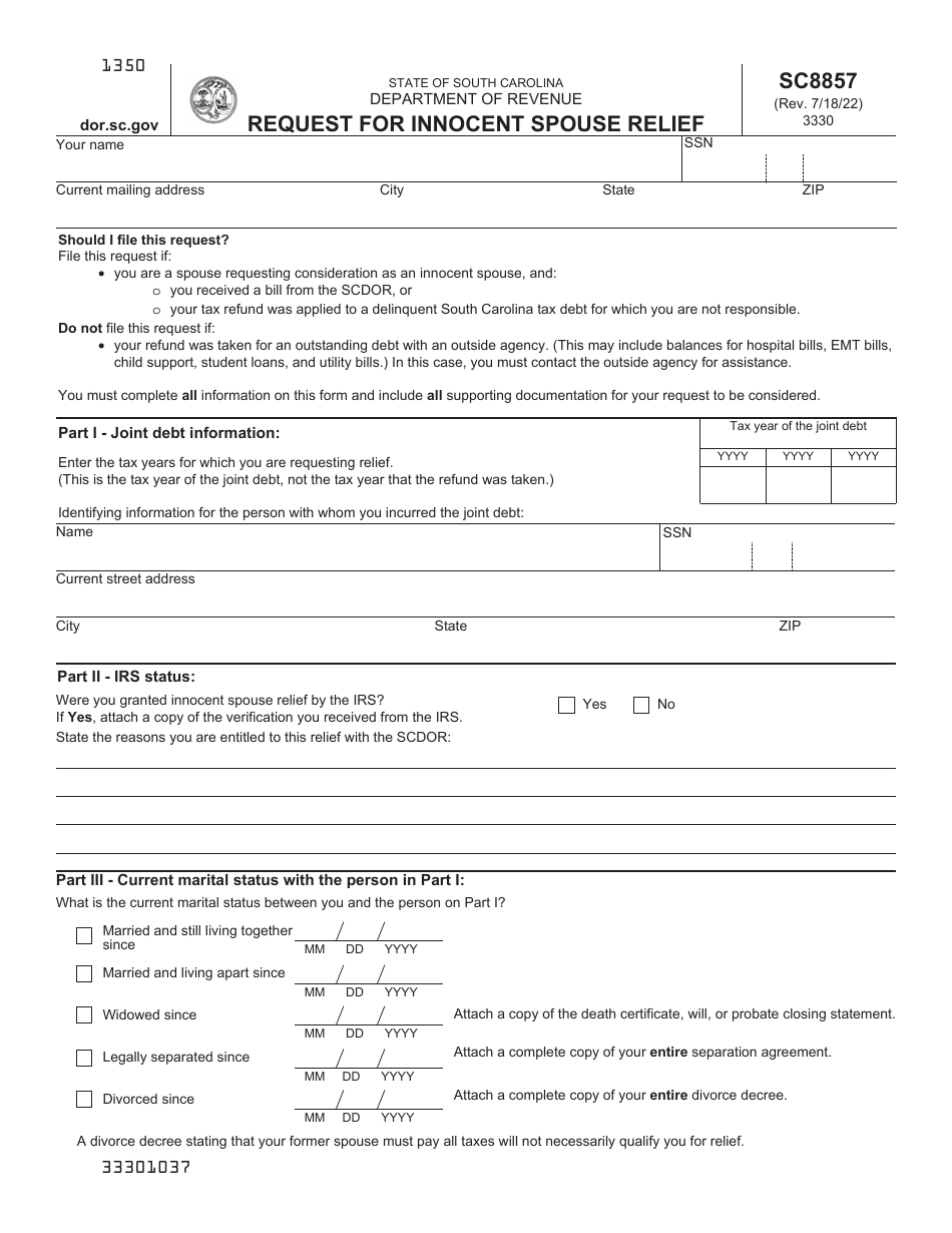 Form Sc8857 Download Printable Pdf Or Fill Online Request For Innocent Spouse Relief South 9163