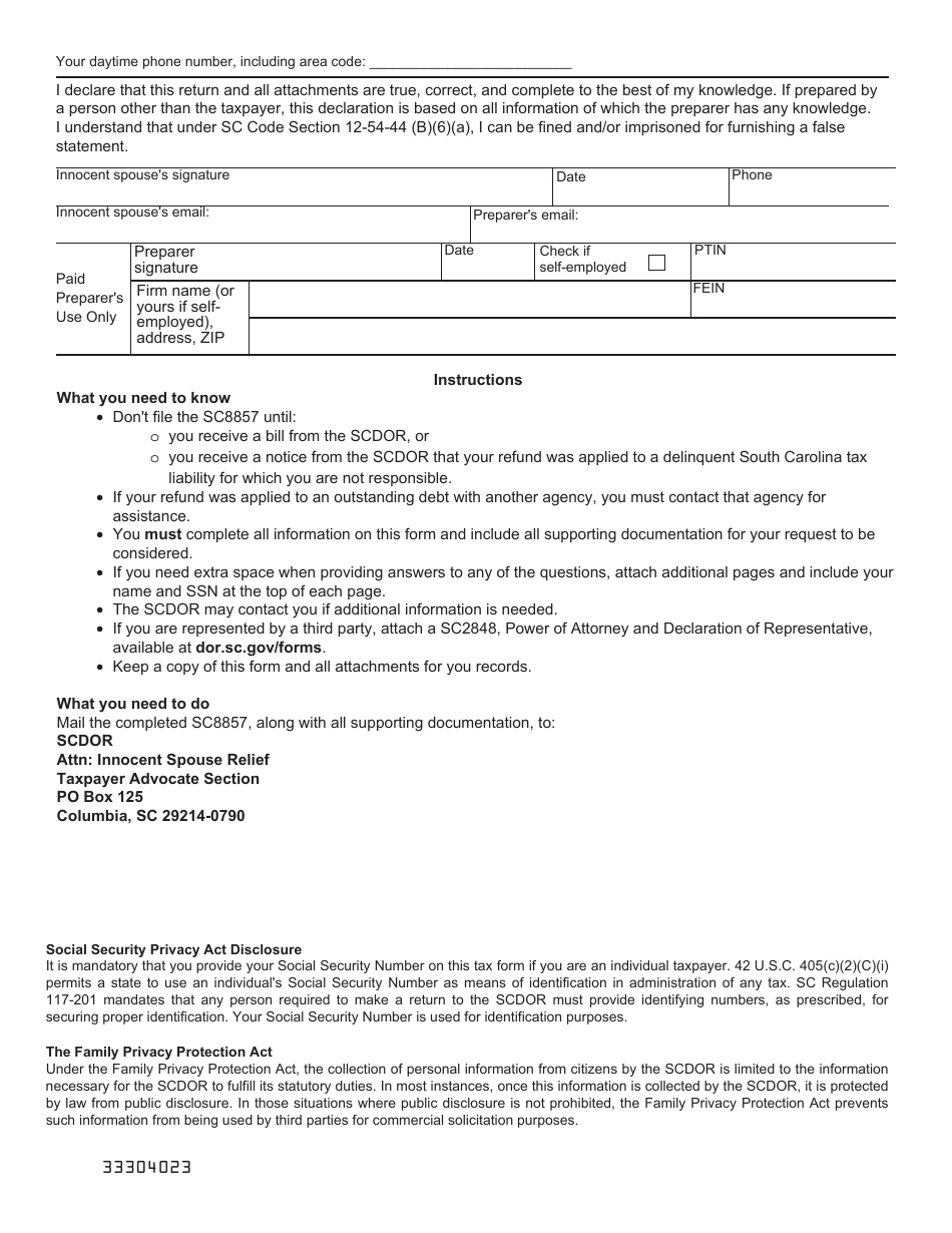 Form SC8857 Request for Innocent Spouse Relief - South Carolina, Page 4