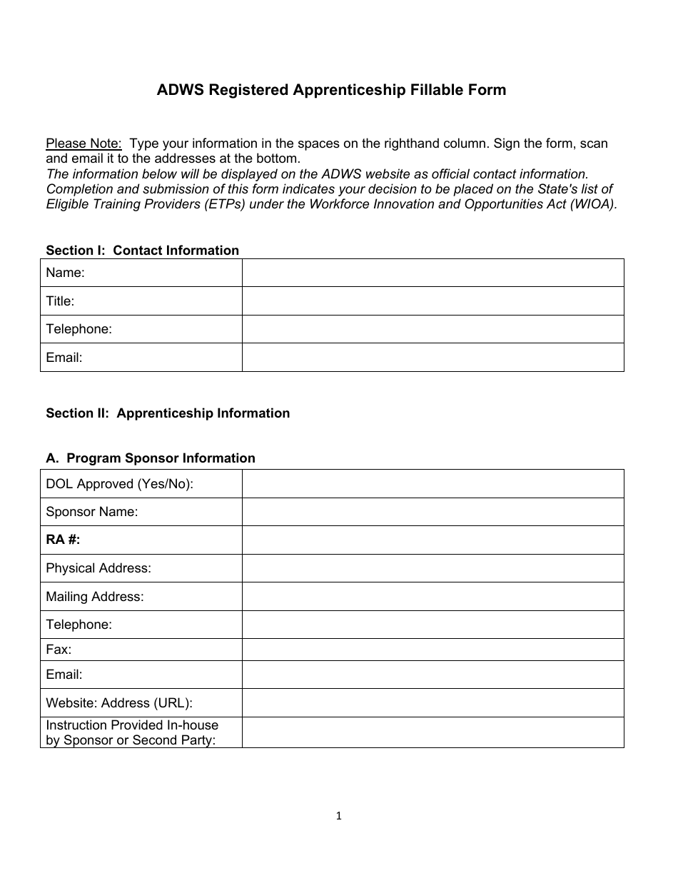 Adws Registered Apprenticeship Fillable Form - Arkansas, Page 1