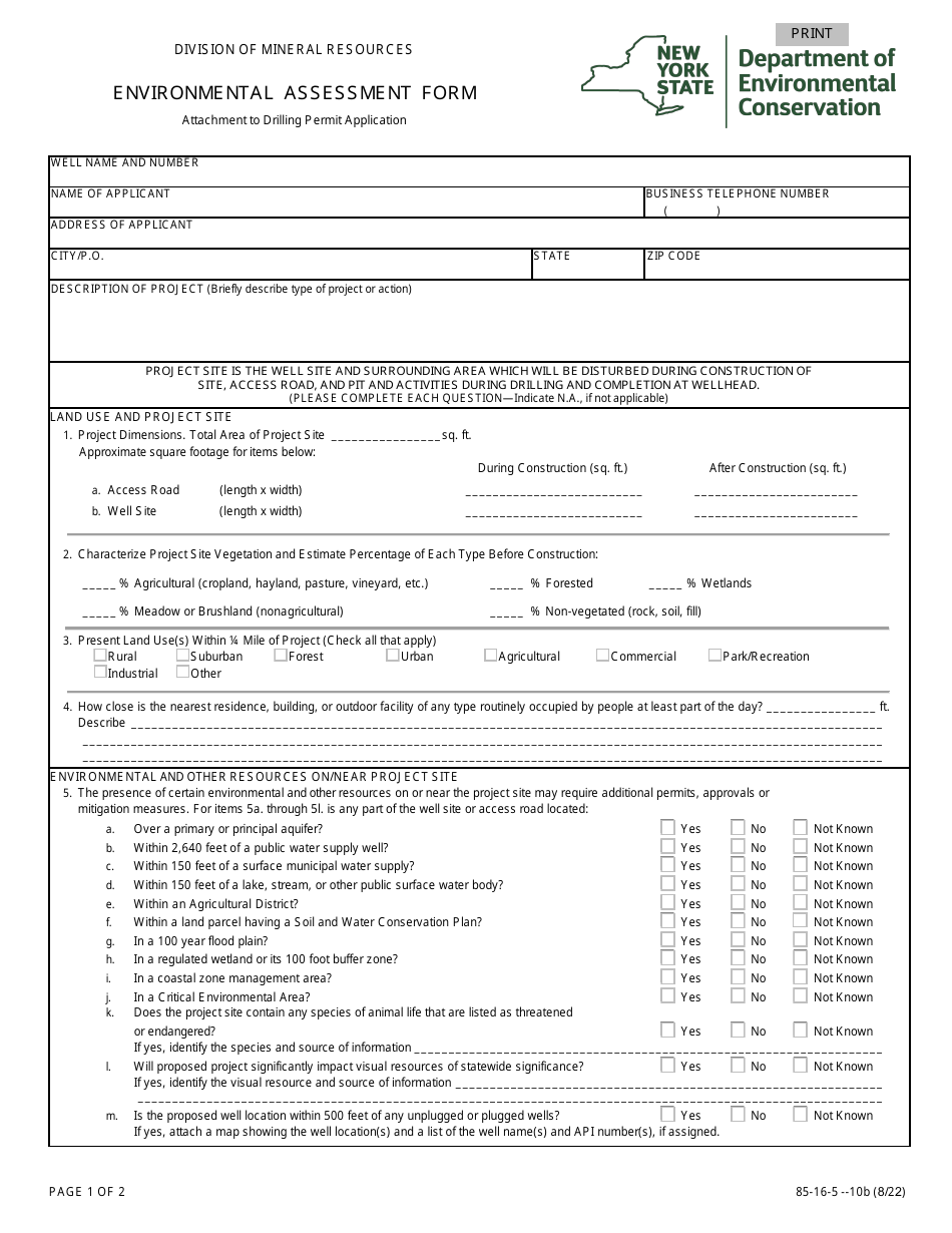 Form 85-16-5-10B Environmental Assessment Form - New York, Page 1