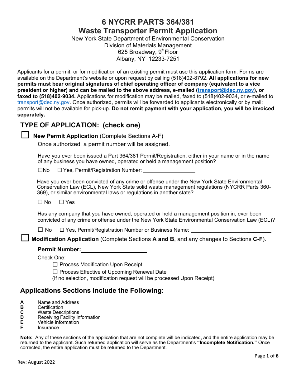 Waste Transporter Permit Application - New York, Page 1