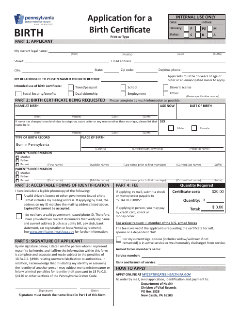 Form H105.102 Application for a Birth Certificate - Pennsylvania