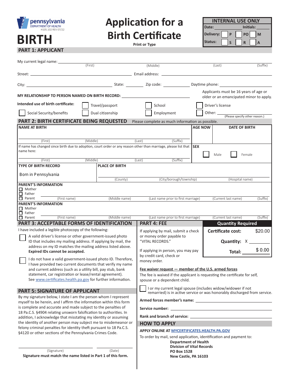 Form H105.102 Application for a Birth Certificate - Pennsylvania, Page 1