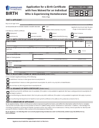 Document preview: Form HD1106F-H Application for a Birth Certificate With Fees Waived for an Individual Who Is Experiencing Homelessness - Pennsylvania