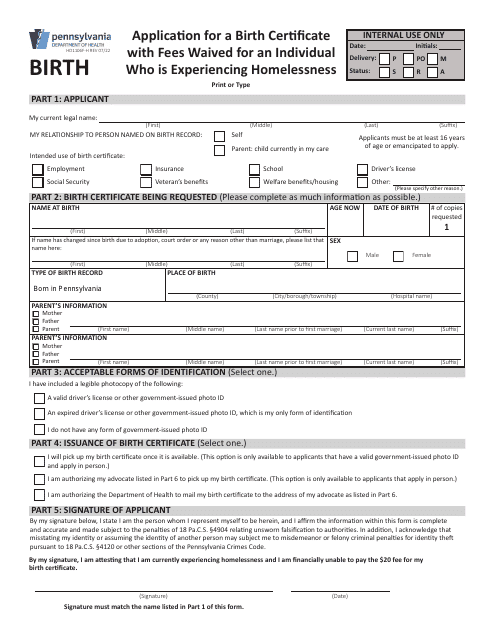 Form HD1106F-H Application for a Birth Certificate With Fees Waived for an Individual Who Is Experiencing Homelessness - Pennsylvania