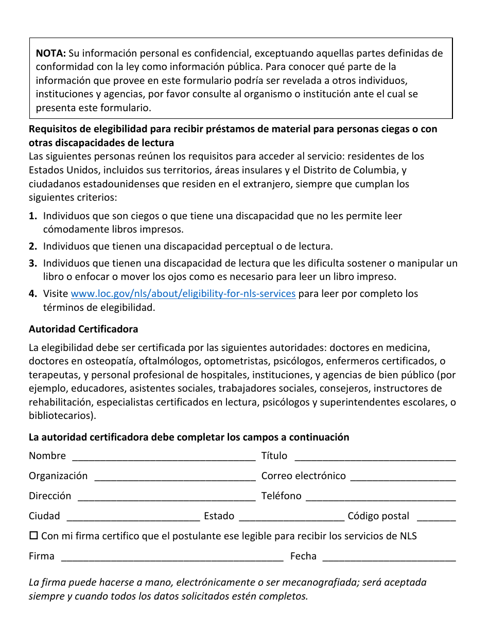 Formulario De Postulacion Individual Al Servicio Nacional De Bibliotecas (Nls) (Spanish), Page 2