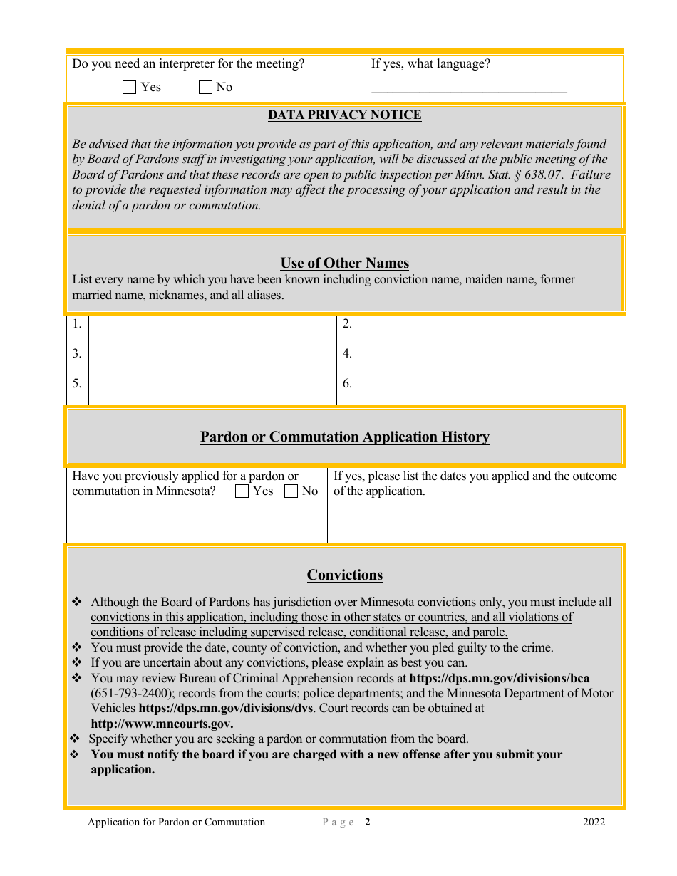 Application for Pardon or Commutation - Minnesota, Page 2