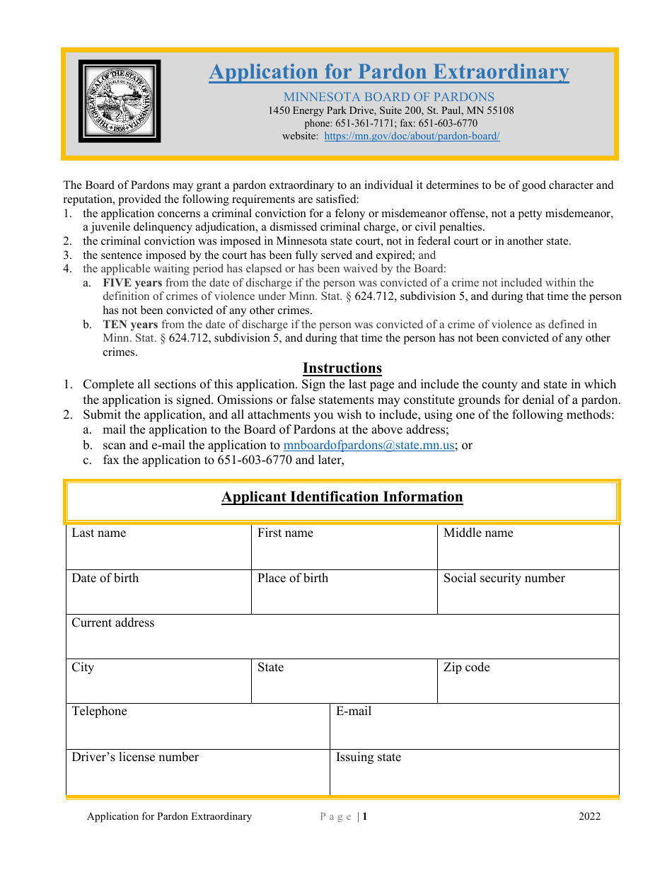 Minnesota Application for Pardon Extraordinary Download Fillable PDF