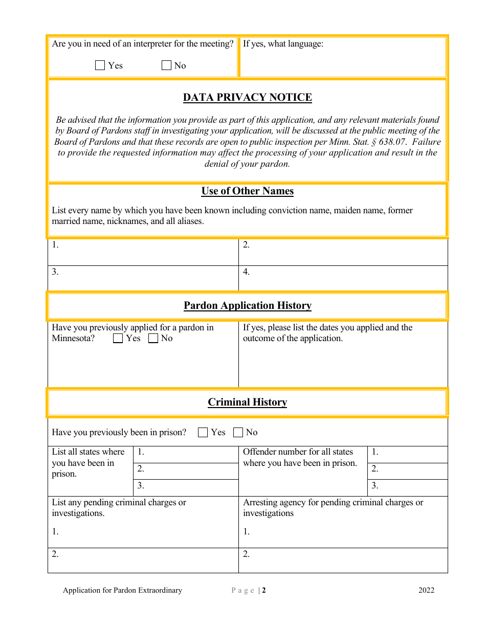 Application for Pardon Extraordinary - Minnesota, Page 2