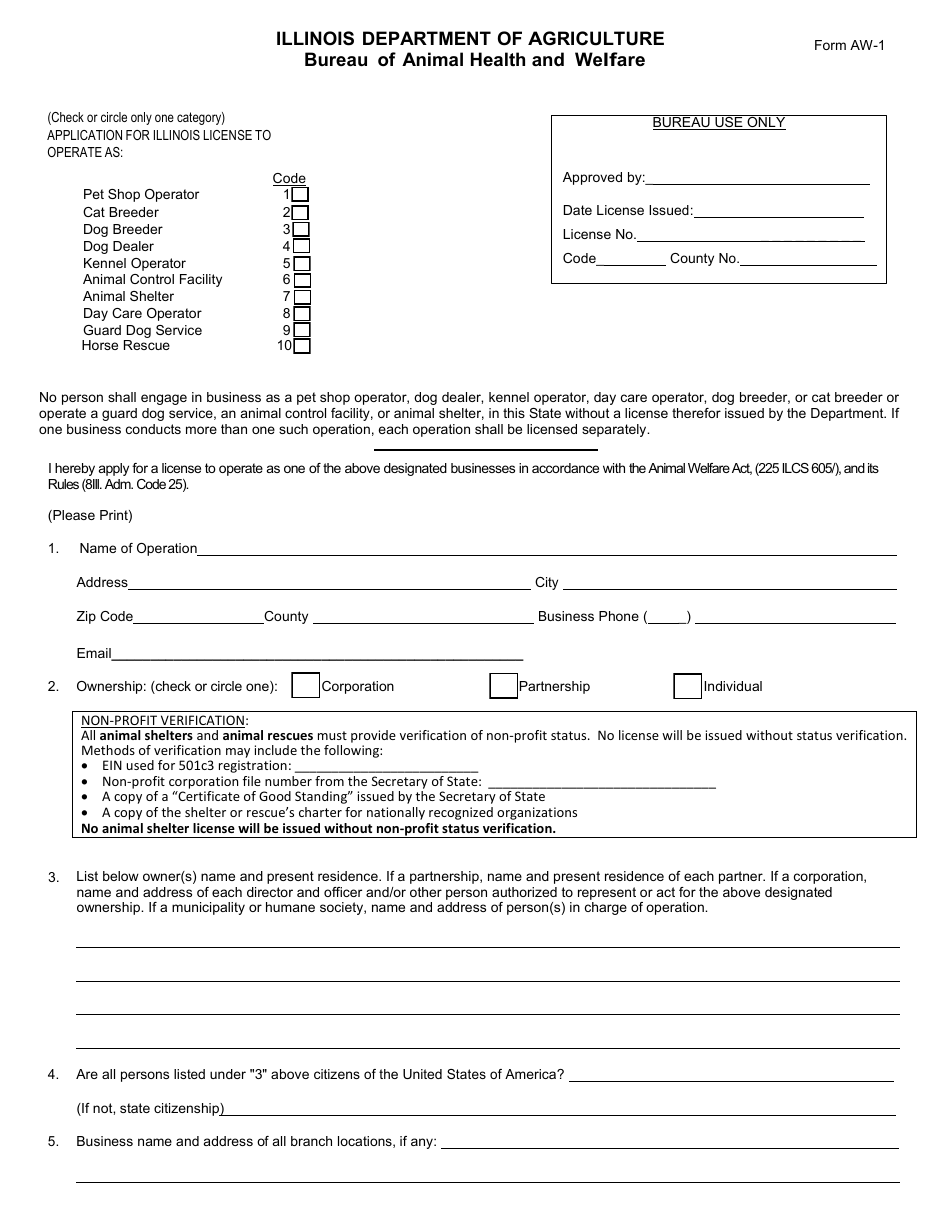 Form AW-1 Animal Welfare Initial License Application - Illinois, Page 3