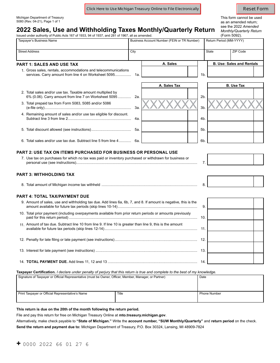 Form 5080 Sales, Use and Withholding Taxes Monthly / Quarterly Return - Michigan, Page 1