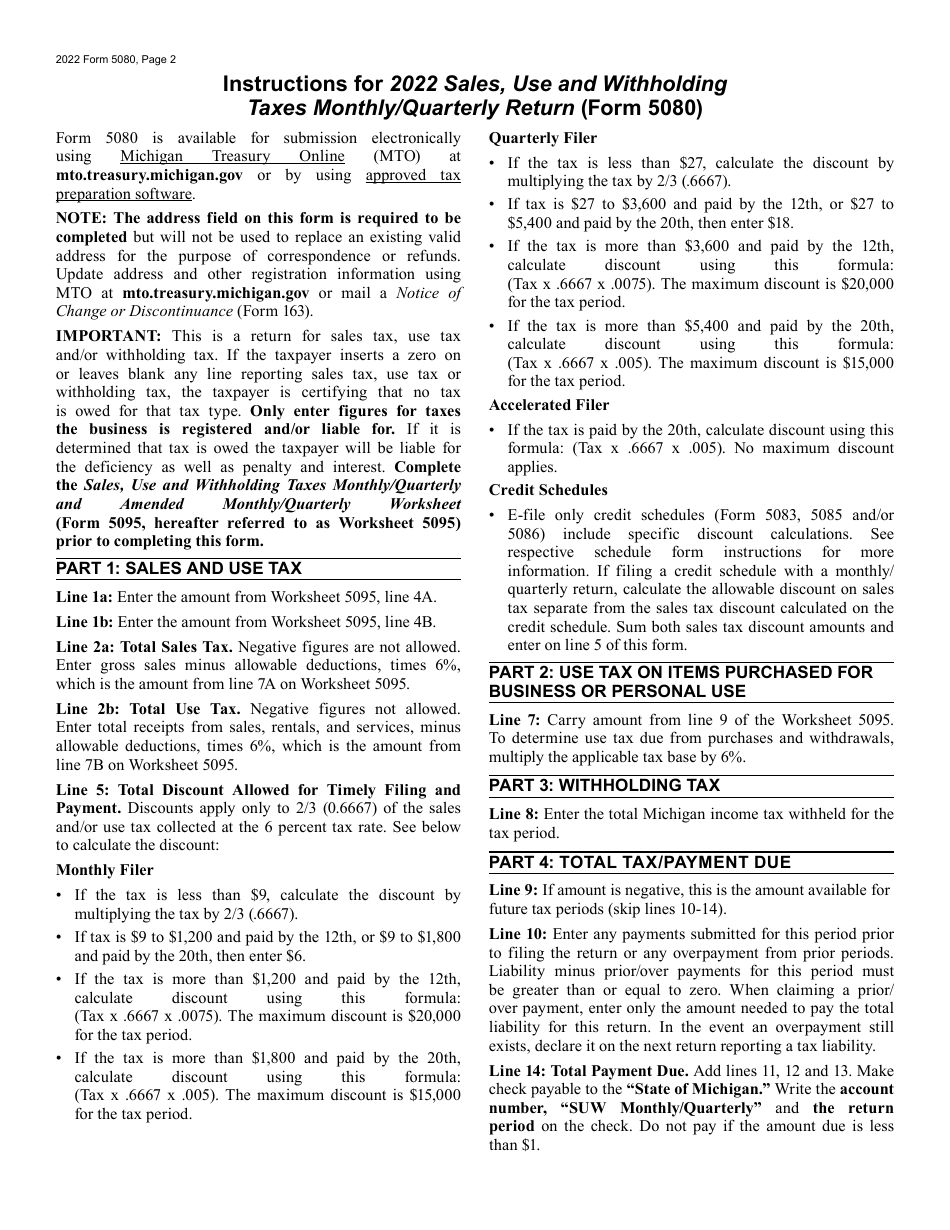 Form 5080 Sales, Use and Withholding Taxes Monthly / Quarterly Return - Michigan, Page 2