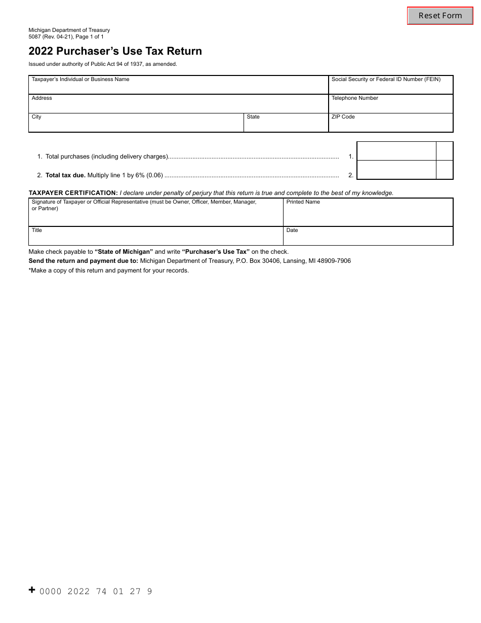 Form 5087 Purchaser's Use Tax Return - Michigan, Page 1