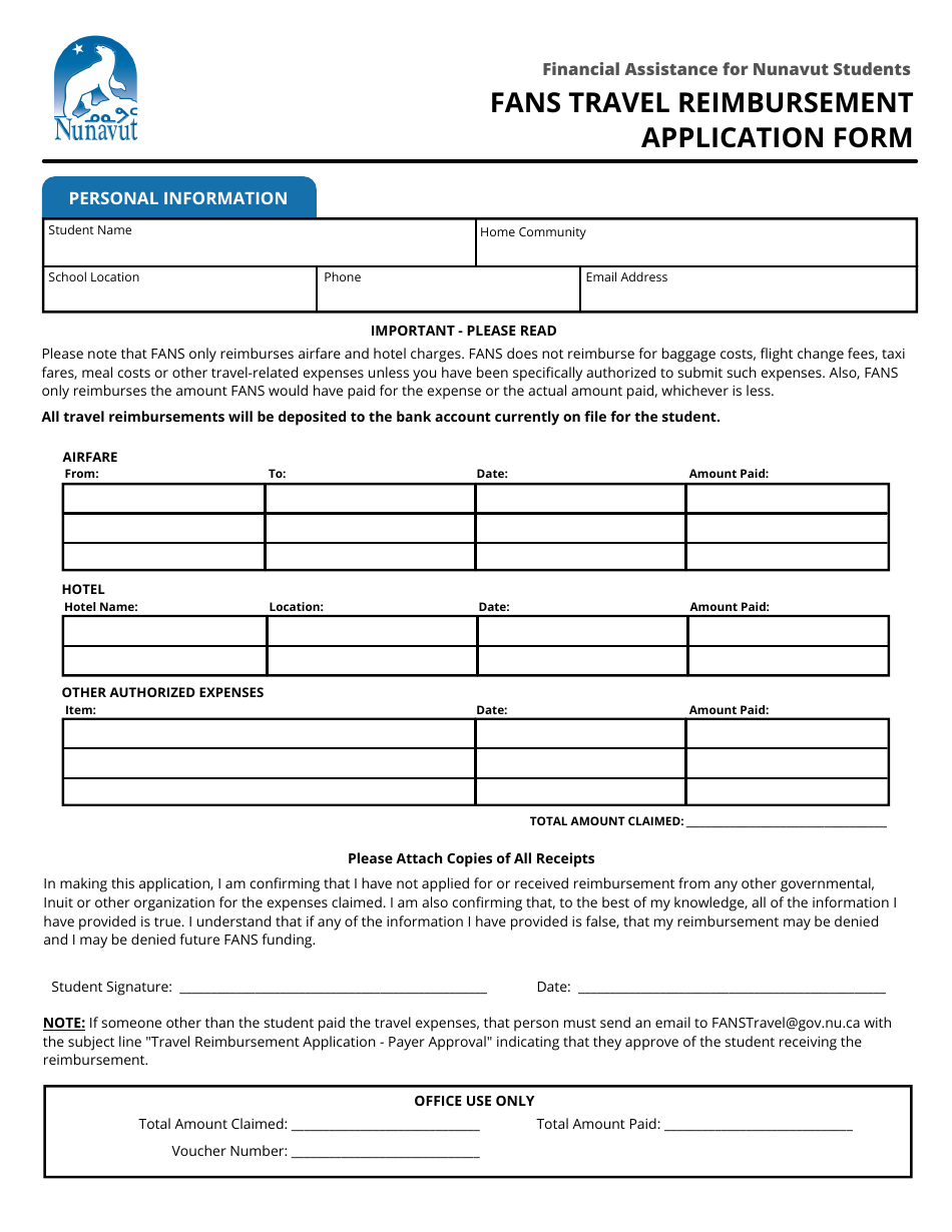Fans Travel Reimbursement Application Form - Nunavut, Canada, Page 1