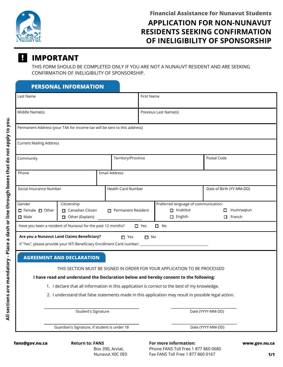Application for Non-nunavut Residents Seeking Confirmation of Ineligibility of Sponsorship - Nunavut, Canada, Page 1