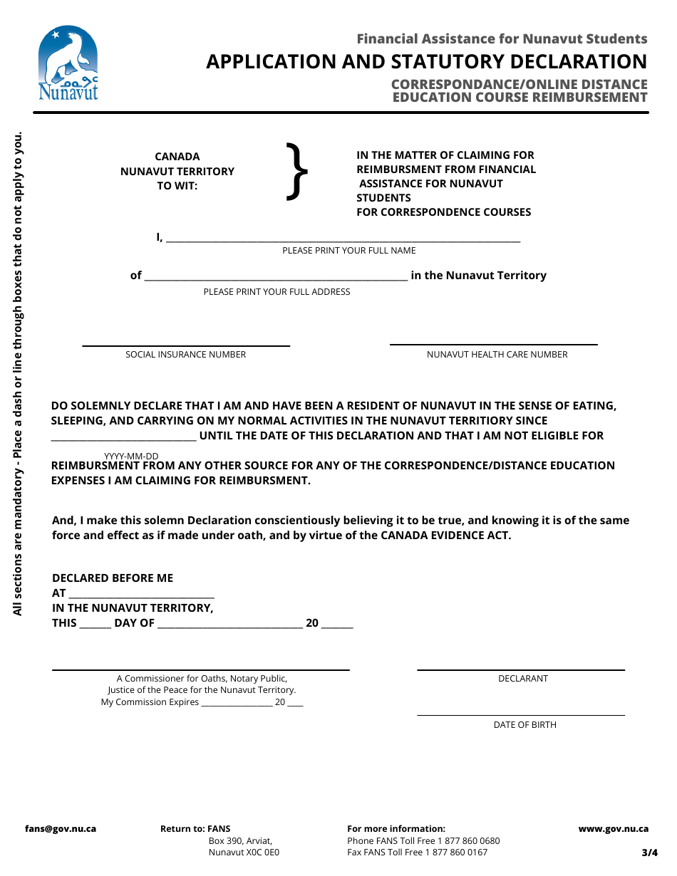 Application for Correspondance / Online Distance Education Course Reimbursement - Financial Assistance for Nunavut Students - Nunavut, Canada, Page 4