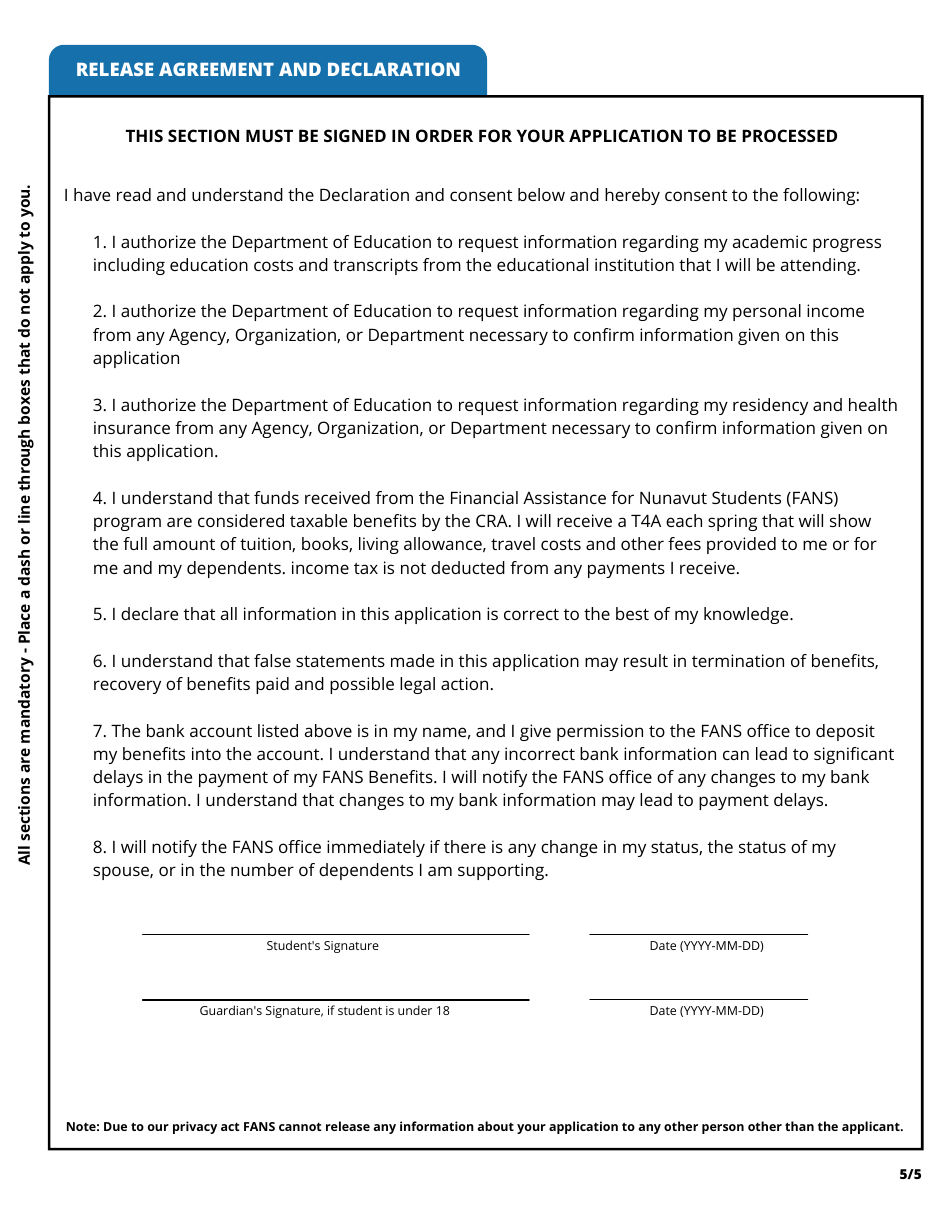 Application for Correspondance / Online Distance Education Course Reimbursement - Financial Assistance for Nunavut Students - Nunavut, Canada, Page 5