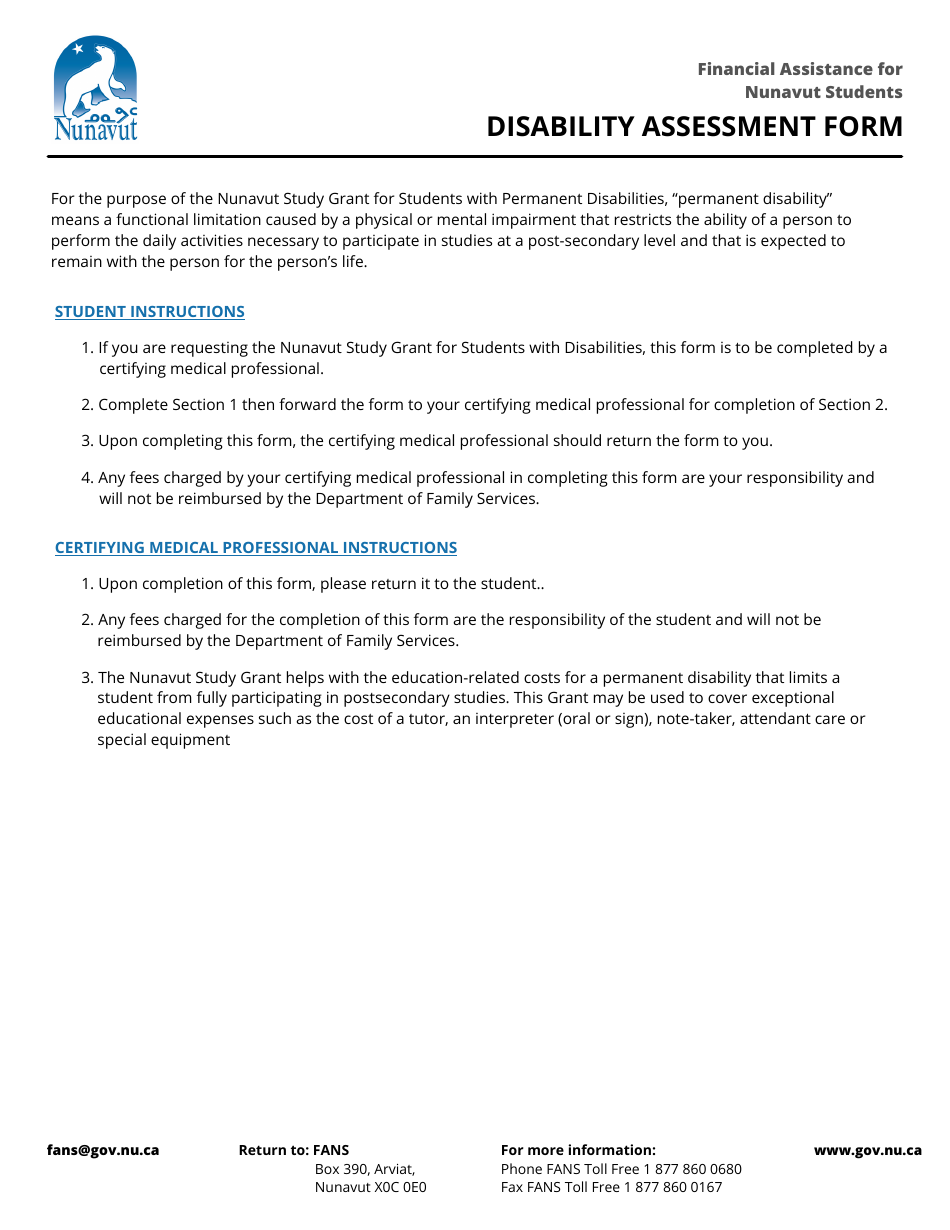 Disability Assessment Form - Nunavut, Canada, Page 1