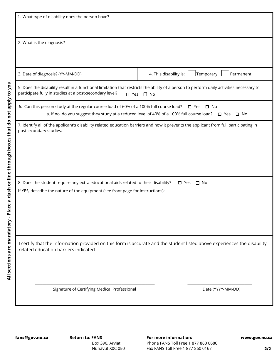 Disability Assessment Form - Nunavut, Canada, Page 3