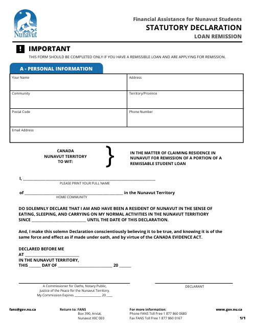 Statutory Declaration - Loan Remission - Nunavut, Canada Download Pdf