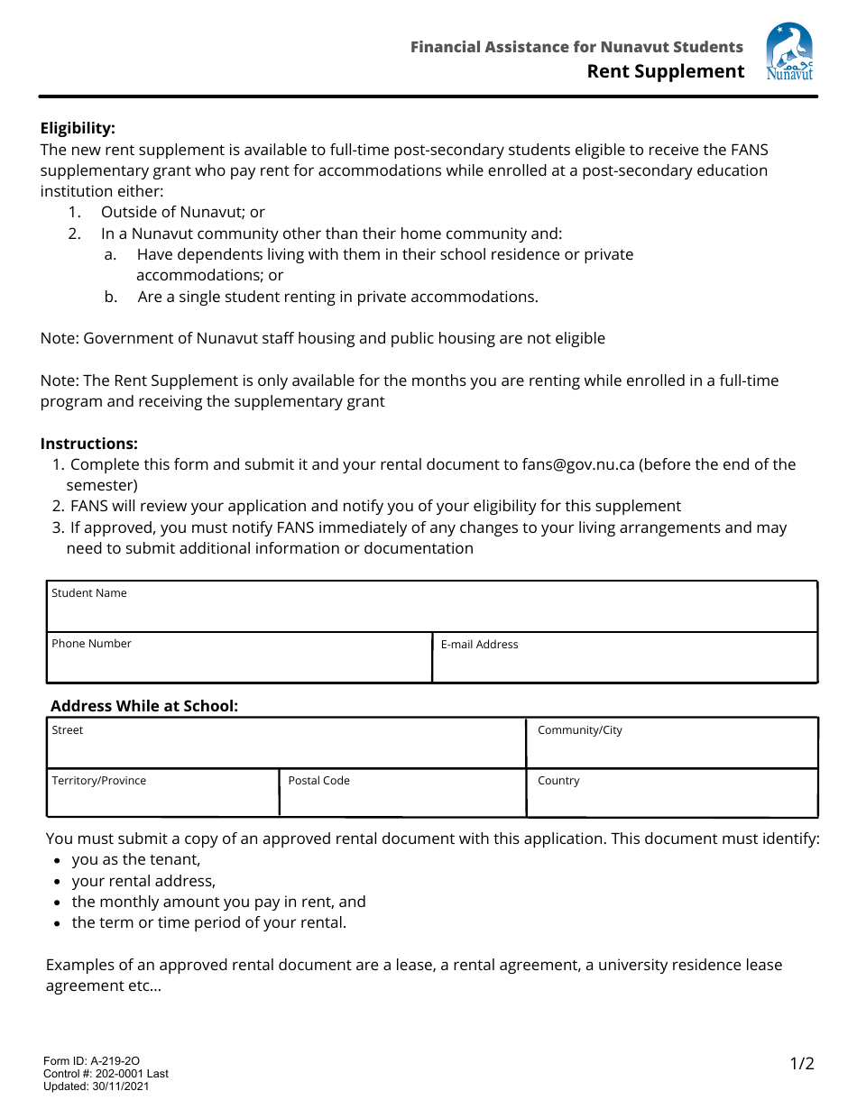 Form A-219-2O Financial Assistance for Nunavut Students Rent Supplement - Nunavut, Canada, Page 1