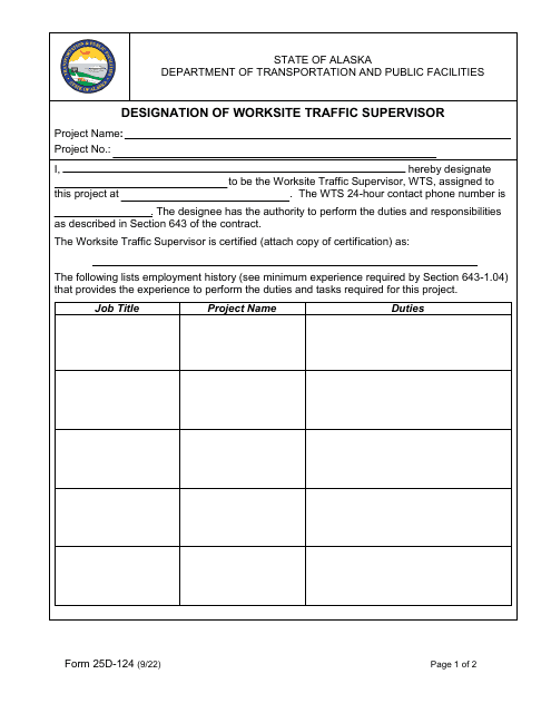 Form 25D-124 Designation of Worksite Traffic Supervisor - Alaska