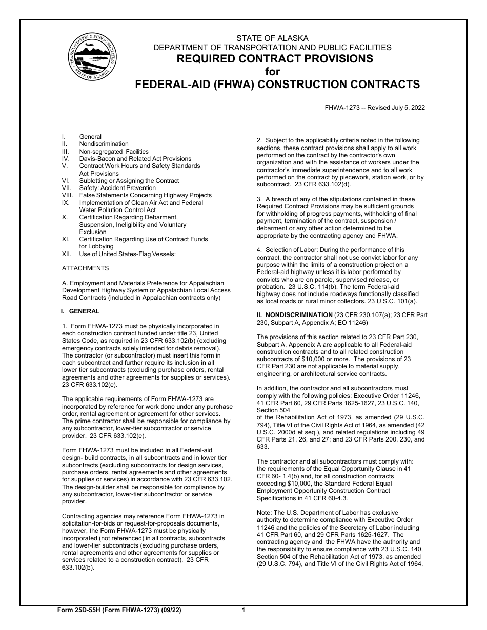 Form 25D-55H (FHWA-1273) Required Contract Provisions for Federal-Aid (Fhwa) Construction Contracts - Alaska, Page 1