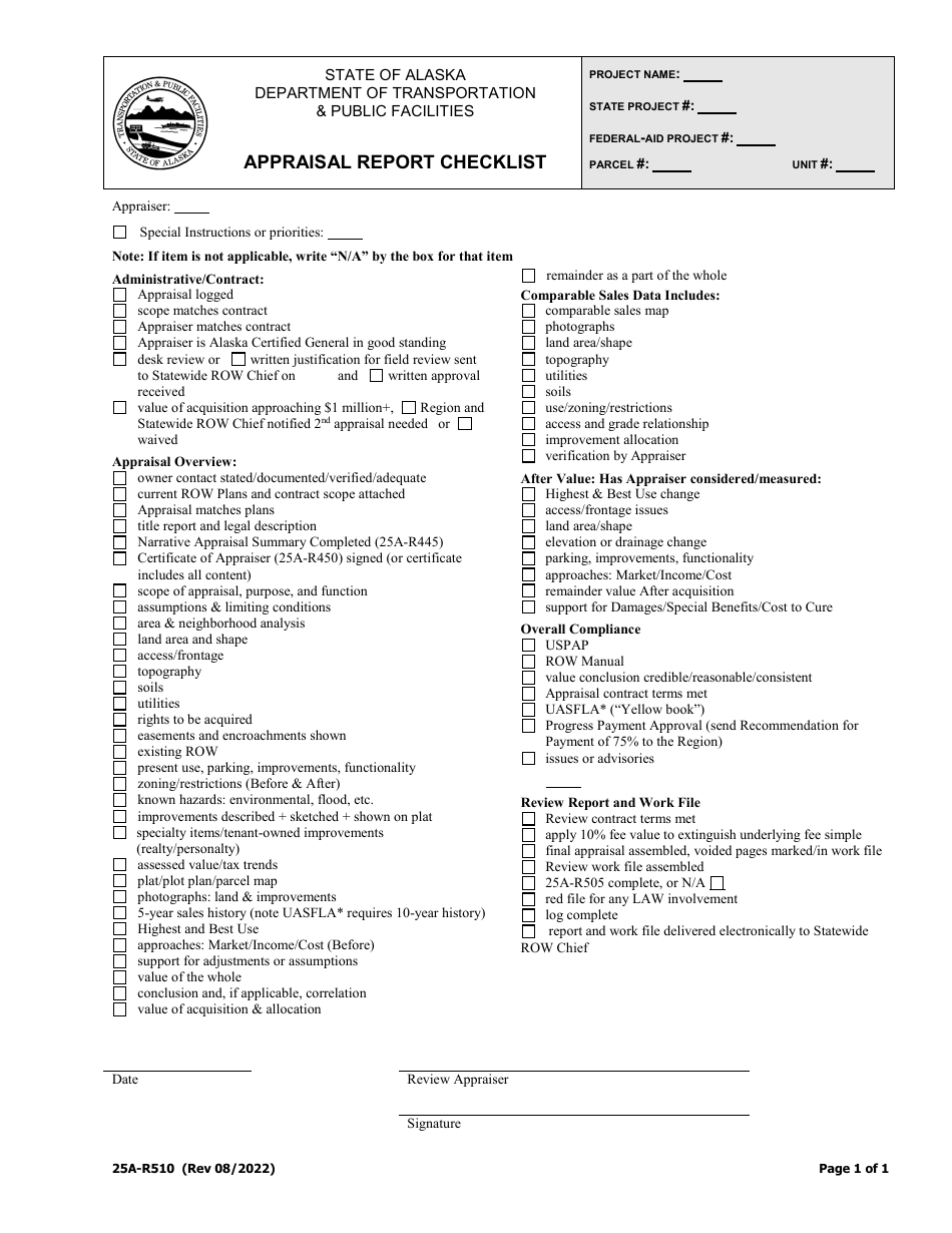 Form 25A-R510 Appraisal Report Checklist - Alaska, Page 1