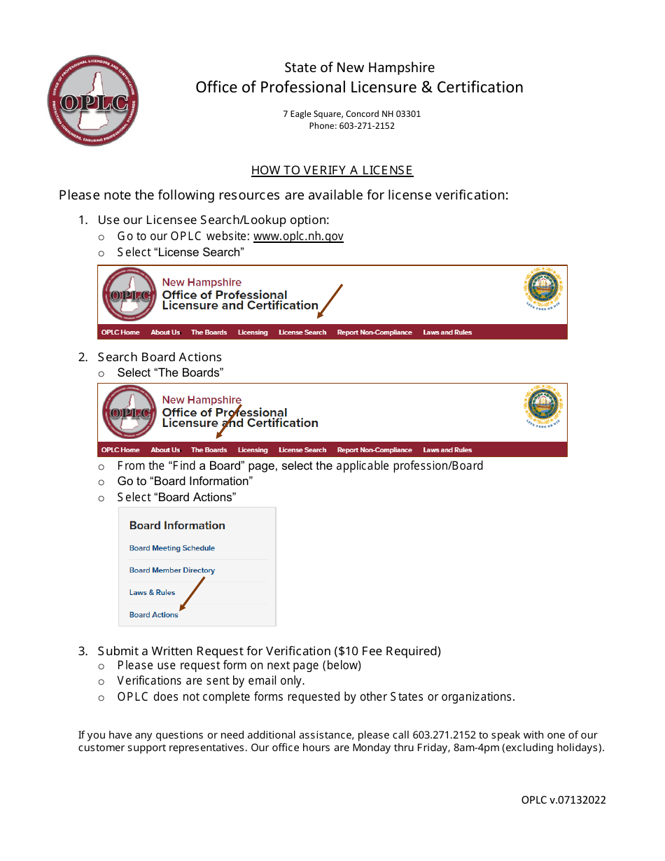 Request for Verification of Licensure - New Hampshire, Page 1