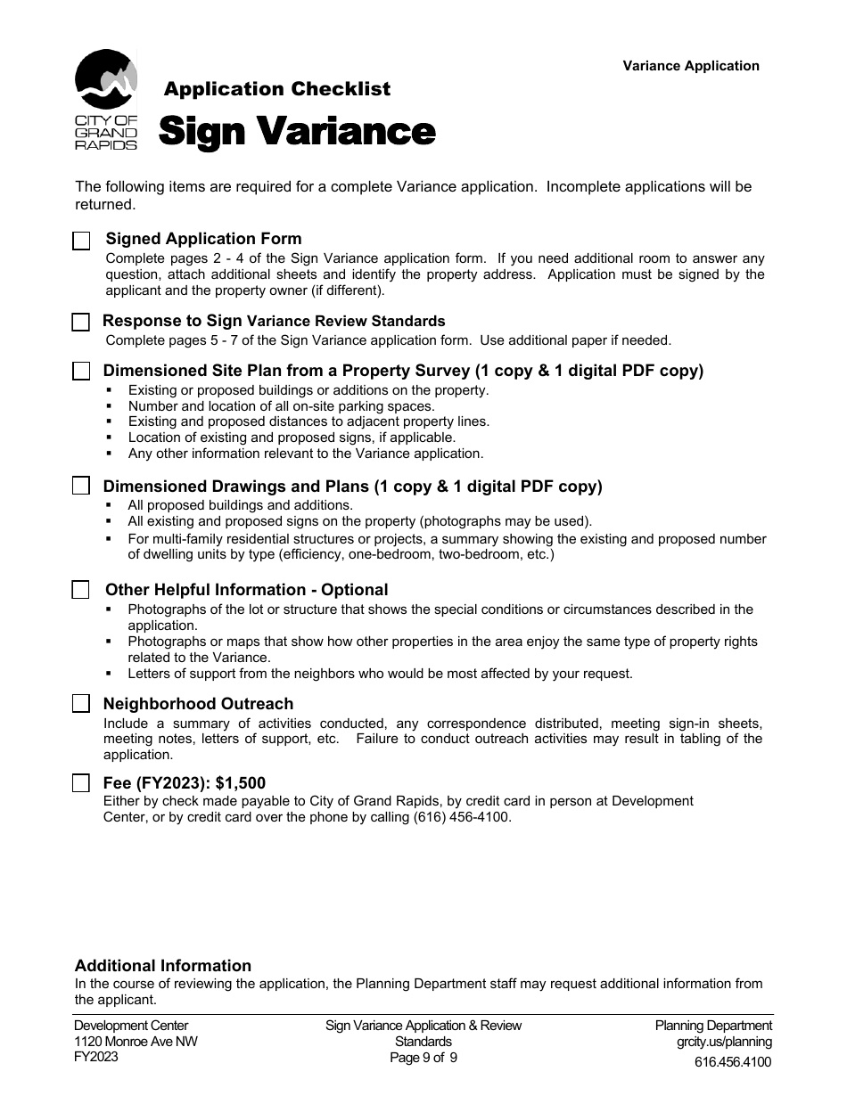2023 City of Grand Rapids, Michigan Sign Variance Application Fill
