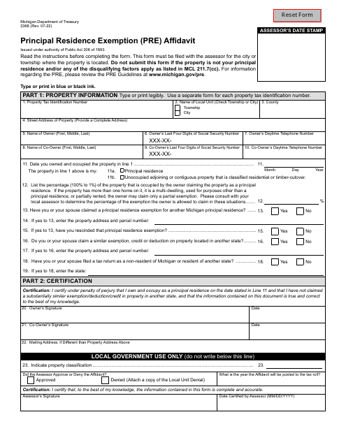 Form 2368 Principal Residence Exemption (Pre) Affidavit - Michigan