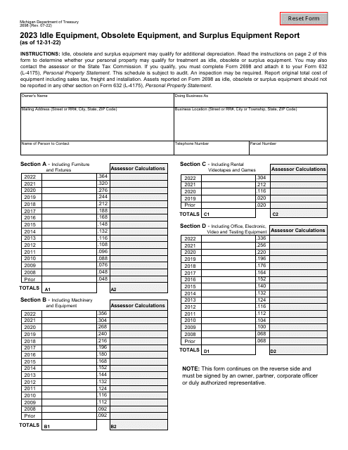 Form 2698 Idle Equipment, Obsolete Equipment, and Surplus Equipment Report - Michigan, 2023