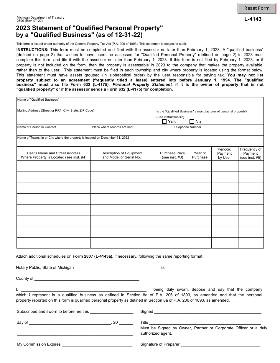 Form 2699 (L-4143) Statement of qualified Personal Property by a qualified Business - Michigan, Page 1