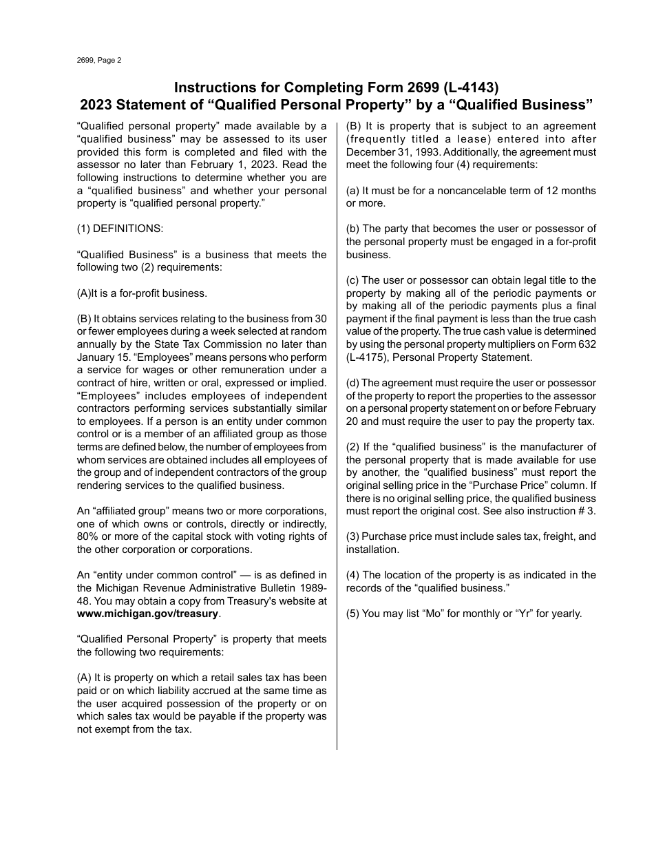 Form 2699 (L-4143) Statement of qualified Personal Property by a qualified Business - Michigan, Page 2