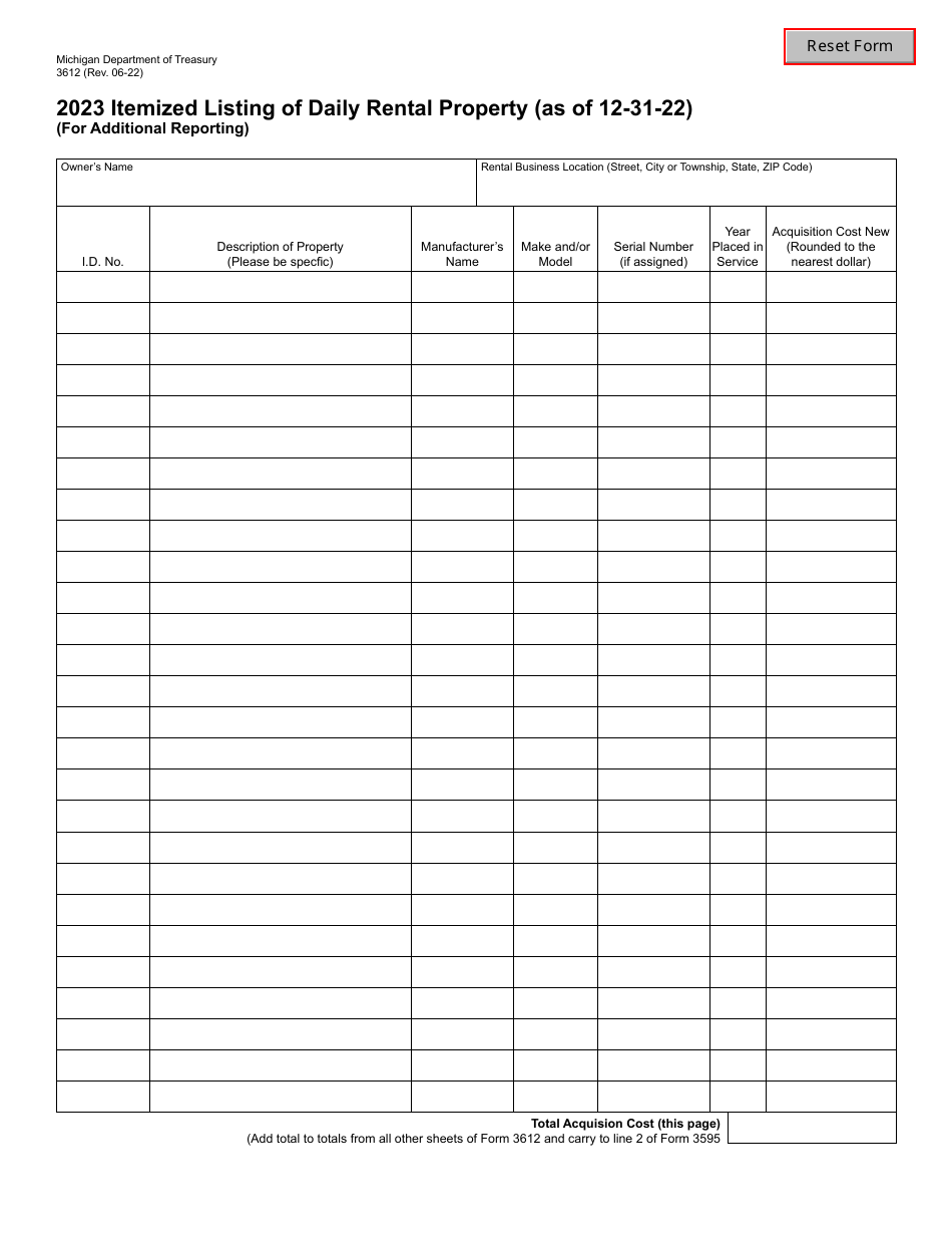 Form 3612 Itemized Listing of Daily Rental Property (As of 12-31-22) (For Additional Reporting) - Michigan, Page 1