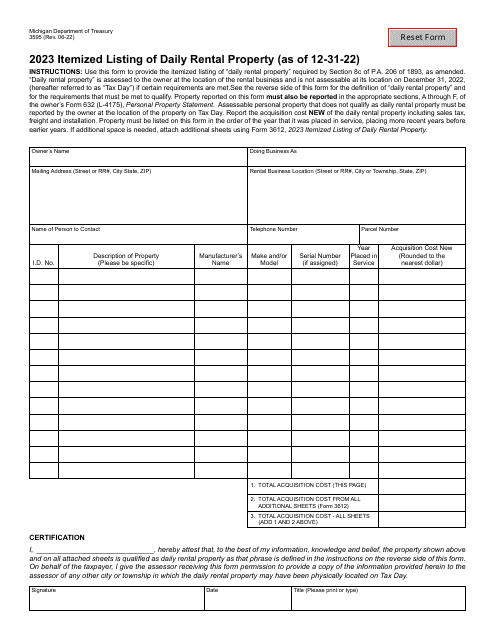 Form 3595 Itemized Listing of Daily Rental Property - Michigan, 2023
